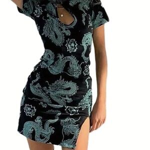 Chic Black and Green Dragon Pattern Mini Dress
